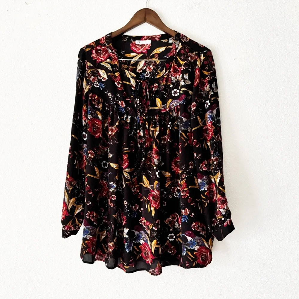 DR2 Patterned Boho Tassle Tie Neck Split Neck Roll Tab Blouse 2X Floral Plus